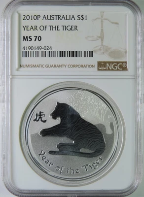 2010 P Australia Lunar Year of the Tiger 1oz .999 Silver $1 Coin NGC MS70 - Image 1 of 4