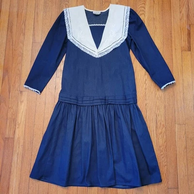 Vintage Blue Denim Schoolgirl Dress White Lace Sailor Collar Eyelet Trim 9 - Image 1 of 4