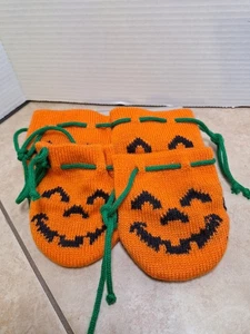 Vintage 90er Halloween Kürbis Jack O Laterne Strick Leckerli Süßigkeiten Beutel Kordelzug Set/4 - Bild 1 von 7