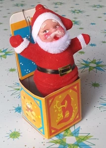 Scarce Vintage Blow Mold Flocked Santa in a Toy Block Box Christmas Ornament MCM - Picture 1 of 9