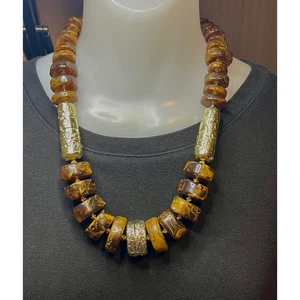 Statement Chunky Bib Necklace Large Brown Beads with Silver Tone Accents - Picture 1 of 3