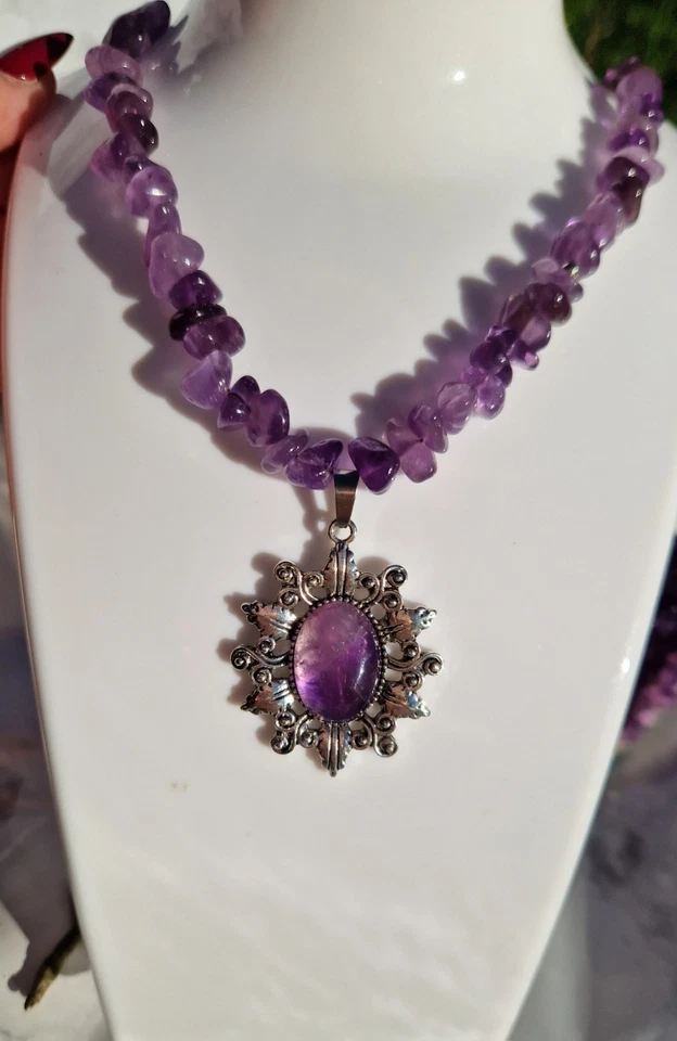 Edelstein Splitterkette Amethyst mit Versilberten Amethyst Amulett  - Bild 1 von 1
