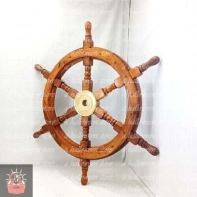 24" Brass Nautical Big Ship Steering Wooden Wheel Antique Teak Pirate Ship's - Image 1 of 4
