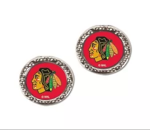 NHL Chicago Blackhawks Earrings Sports Logo Post Stud Red Circle Round Silver - Picture 1 of 1