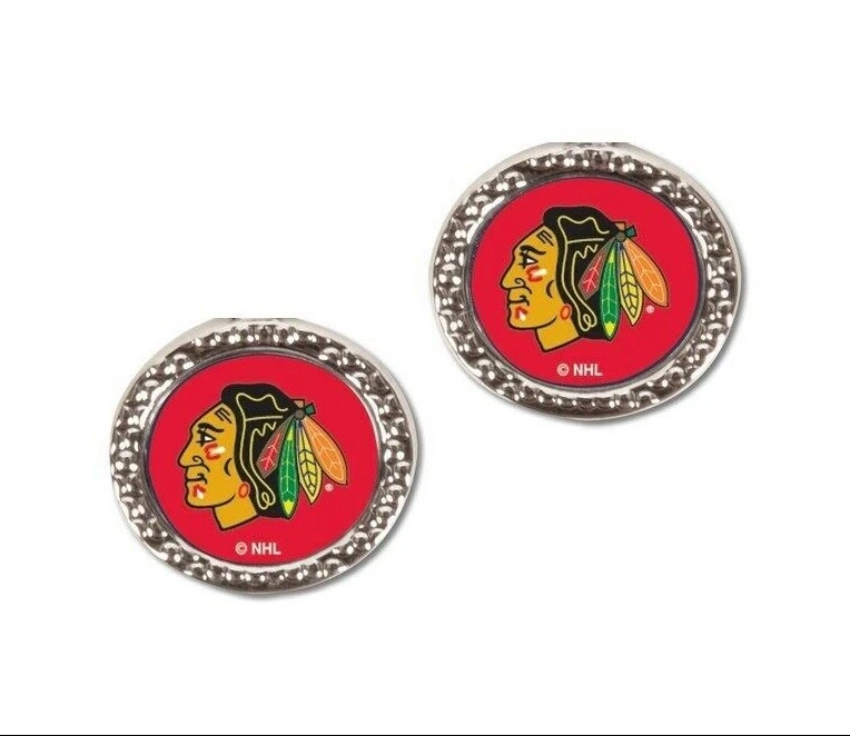 Brincos NHL Chicago Blackhawks logotipo esportivo pós cravejado círculo vermelho redondo prata - Imagem 1 de 1