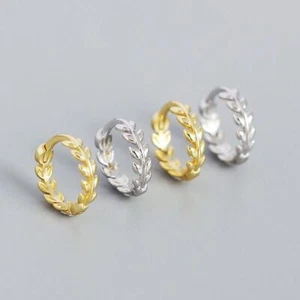 Woman Real s925 Sterling Silver Leaf Round Hoop Huggie Clip Earring Stud - Picture 1 of 9