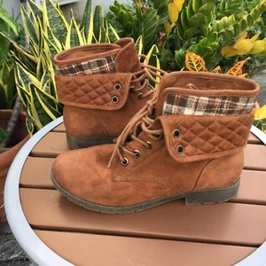 Arizona Ankle Boots Women 10M Brown Quilted Suede Plaid Trim Check Lined Y2K - Picture 1 of 10