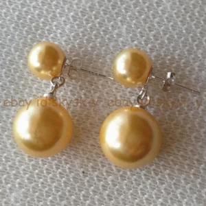 Yellow South Sea Shell Pearl Round Double Beads Dangle Silver Stud Earrings - Picture 1 of 6