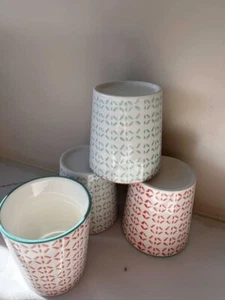 tea cup set 4 lined and dot pottery porcelain - Picture 1 of 7
