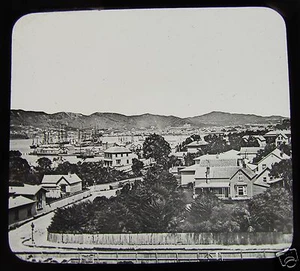 Glas Magic Laterne Dia UNIDENTIFIZIERTE STADT MIT HAFEN UM 1890 NEUSEELAND ? - Bild 1 von 2