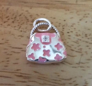 Sterling Silver 3D 17x15mm Pink Enamel with Crystal on cute Purse Charm - Picture 1 of 4