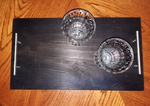 Serving Tray Rustic Handcrafted Solid Wood Black Brushed Stainless Metal Handles - Picture 1 of 2