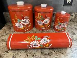 1950s Ransburg Kitchen Metal Canisters Set of 4 Hand Painted W Wax Paper Holder - Picture 1 of 24