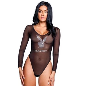 Body Playboy Bunny Estrás Mangas Largas Malla Transparente Tanga Espalda Negro LI113 - Imagen 1 de 6
