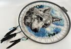 Vintage Handmade Crewel Needlepoint Yarn Art Gray Wolf Dreamcatcher Feather Art