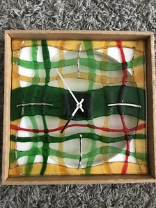 Ponyglass ART GLASS hand made Wall Clock, Red, Green & Yellow w/ Silver Leaf - Picture 1 of 7