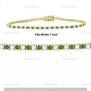 4 Ct Lab Grown Diamond & Genuine Peridot 14K Solid Yellow Gold Tennis Bracelet - Picture 1 of 7