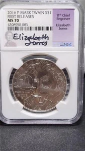 2016 P Mark Twain $1 Silver Coin NGC MS 70 First Releases - ELIZABETH JONES SIGN - Picture 1 of 2