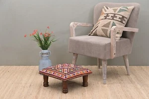 Handcrafted Acacia Wooden Footstool | Low Kilim Upholstered Footstool Ottoman | - Picture 1 of 5