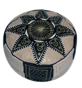 Pouf Moroccan Hassock Pooff Leather Pouff Ottoman Footstool MED Beige Black - Picture 1 of 4