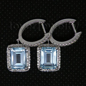 Jewelry Sets Emerald Cut 7x9mm Solid 14Kt White Gold Diamond Blue Topaz Earrings