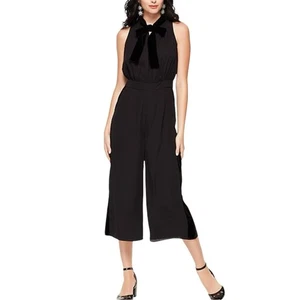 Kate Spade Black Velvet Trim Neck Tie Sleeveless Wide Leg Jumpsuit 4 - Picture 1 of 11