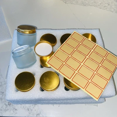 12 Cosmetic Jars Gold Lids, Inner Seals & Labels 2 oz Small Frosted Glass Jars - Image 1 of 4