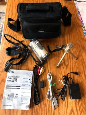 JVC MiniDV camcorder GR-D270U + manual, cables, charger, tripod, bag - no batt - Image 1 of 4