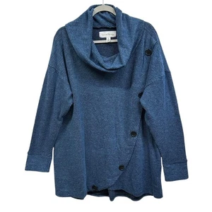 Maglione lavanderia francese donna 1X blu collo cappuccio asimmetrico bottoni tunica maglia - Foto 1 di 5
