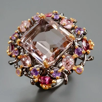 Anillo hecho a mano de 12 quilates + ametrino natural de plata de ley 925 talla 8/R436365 Foto 1 de 4