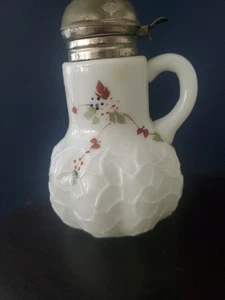 VICTORIAN EMBOSSED Melon Shape OPAQUE GLASS SYRUP JAR METAL HINGED LID SPOUT 6" - Picture 1 of 6