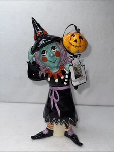 Bruja de cerámica de Halloween cielo azul con linterna Jack-O por H. Goldminc 10" nueva - Imagen 1 de 5