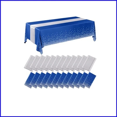 Elegant Navy Blue and Silver Disposable Tablecloths & Satin Runners Set of 24 - Image 1 of 4