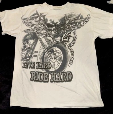 Camisa blanca vintage de motocicleta Patrimonio Nacional talla mediana Live Hard Ride Hard Foto 1 de 4