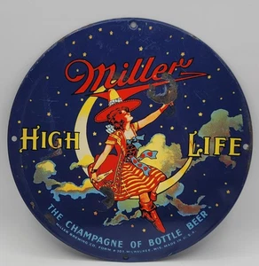 Letrero vintage de metal esmaltado de porcelana envejecida Miller High Life Beer - Imagen 1 de 14