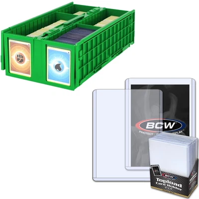 BCW 1600 Card Bin (Green) + 200 Premium 3x4 Toploaders Storage - Image 1 of 4