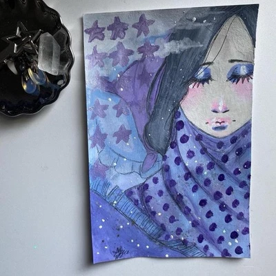 Pintura de fantasía estrella durmiente celestial en papel multimedia mezclado 5x7 Foto 1 de 4