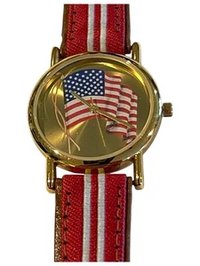 Unisex VALDAWN American Flag Patriotic 4th of July Gold Tone Watch, 33mm Leather - Picture 1 of 6
