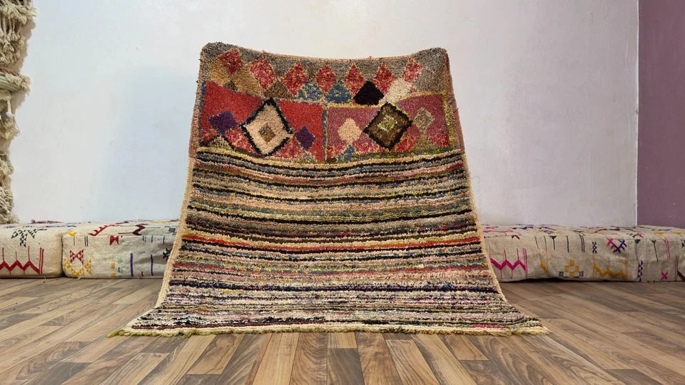 Alfombra boucherouite marroquí vintage multicolor diamante rayas bereber hecha a mano Foto 1 de 4