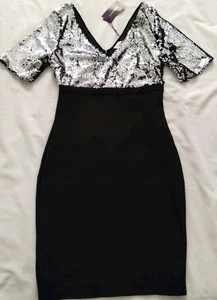 NWT WOMEN JUNIORS LASCANA BLACK & SILVER SEQUIN FITTED STRETCH FORMAL DRESS XS - Picture 1 of 13