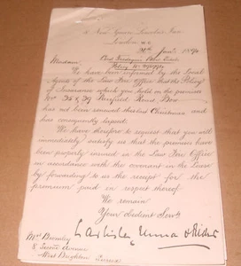 Letter Form 1894 - Lincolns Inn London,  - Picture 1 of 1