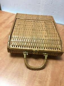 Vintage Wicker 3 Wine Bottle Basket Purse Satchel w/ Wood Sides 14" x 12" x 4" - Picture 1 of 9