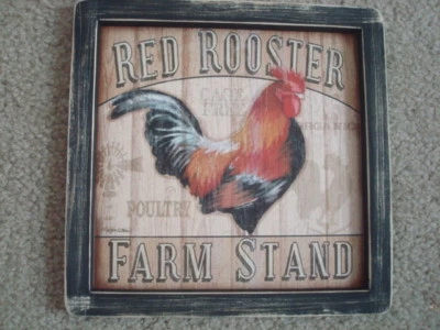 Primitive Country Print *RED ROOSTER FARM STAND* black frame 9 1/2" x 9 1/2"  - Image 1 of 3