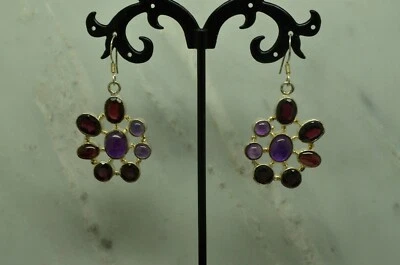 925 STERLING SILVER DANGLING AMETHYST & RED GARNET FISHHOOK EARRINGS #A5855 - Image 1 of 3