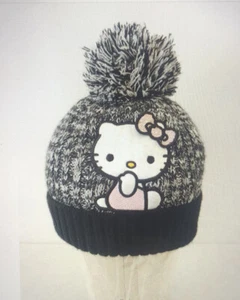Hello Kitty Beanie Hat Girls Gray Black Bling Sequins Top Bow Pom Pom Puff - Picture 1 of 9