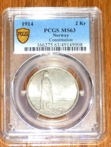 1914 Norway Silver 2 Kroner 100th Anniversary Constitution KM # 377 PCGS MS 63 - Picture 1 of 3