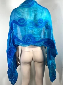 NEW BLUE TURQUOISE SILK APPLIQUE SCARF WRAP SHAWL PAREO COVER UP 77" X 20" - Picture 1 of 3