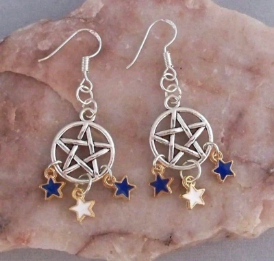 Pentagram ,Blue & White Enamel Stars,925 Silver Hook Earrings.Handmade  Foto 1 de 4