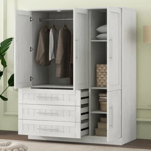 4 Door Wardrobe Armoire Closet with 3 Drawers, White - Picture 1 of 16