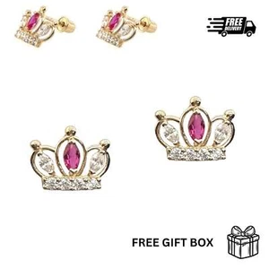 14K Solid Yellow Gold Crown Screw Back CZ Stud Earrings - Picture 1 of 6